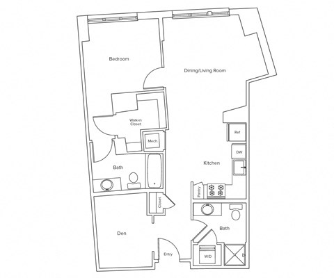 Floor plan for 1 bed, 1 bath, 834 sqft